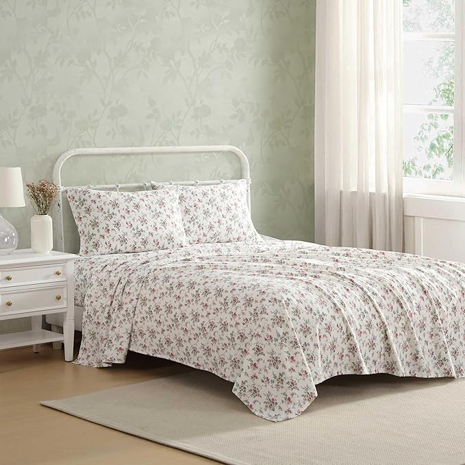 Laura Ashley - Flannel Sheets King Size, Anti-Pilling & Wrinkle Resistant Cotton, Touchably Soft for All-Season Comfort - Bed Sheets with Matching Pillowcases & Fitted Sheet (Le Fleur Pink)