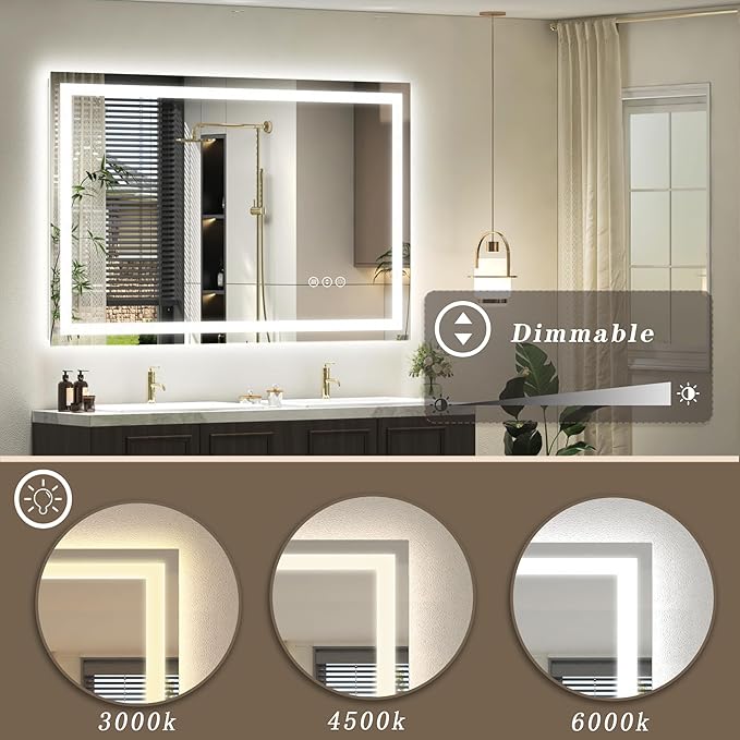 48x 30 LED Lighted Bathroom Mirror, Vanity Mirror with Lights for Wall, Dimmable, Defogger, Shatter-Proof, 3 Colors, ETL Listed (Front + Backlit)