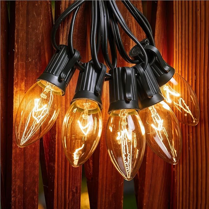 Minetom C9 Clear Christmas String Lights, 25FT 25 Blubs Bright & Warm Outdoor Christmas Lights, Long Life C9 String Lights for Tree Patio Gazebo Wreath, Black Wire