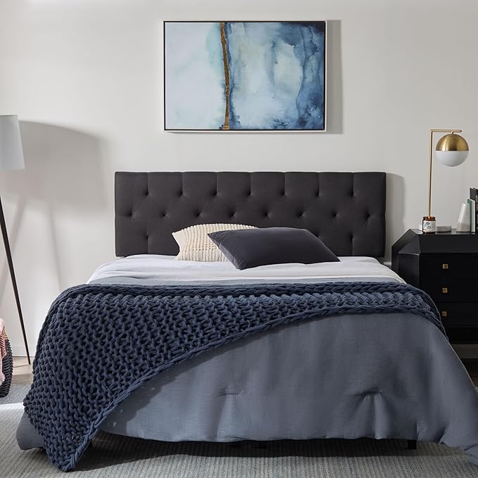 Lucid Mid-Rise Upholstered Headboard - Diamond Tufted - Padded Polyester - Adjustable Height from 34” to 46” - Easy Assembly - Bed Frame or Wall Mount - Sturdy - Charcoal - Full / Full XL Size