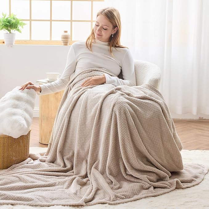 NEWCOSPLAY Super Soft Twin Blanket Linen Premium Silky Flannel Fleece Leaves Pattern Lightweight Bed Blanket All Season Use (Linen, Twin(60"x80"))