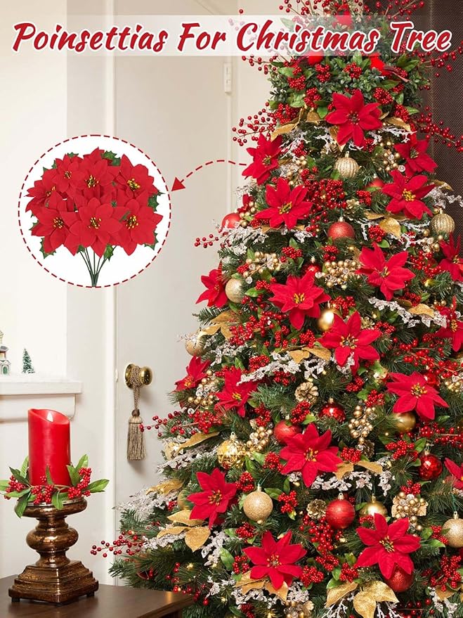 Christmas Decorations - 6 Pack Poinsettias Artificial Christmas Flowers, Fake Red Velvet Artificial Poinsettias Flowers for Christmas Tree Home Party Porch Yard Indoor Outdoor Decor