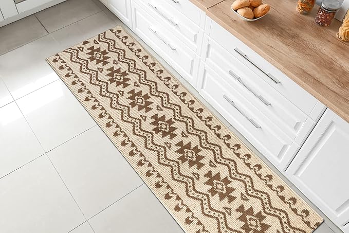 Custom Length Cut to Size Tribal Ethnic Southwestern Inspired Hallway Runner Rug, Non Slip Rubber Backed, 31 inch Wide X Customized Length, Aztec Beige, 31 inch X 20 feet