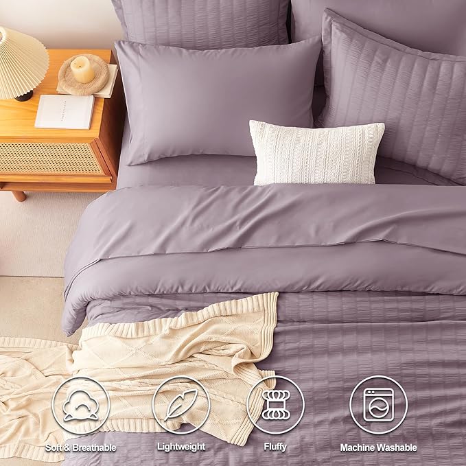 CozyLux Queen Comforter Set Dusty Purple Seersucker 7 Pieces Bed in a Bag Queen Comforter Set with Sheets, Luxury Bedding Sets with Down Alternative Comforter, Sheets, Pillowcases & Shams All Seasons
