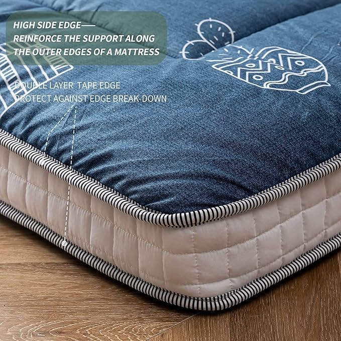 MAXYOYO Grey Cactus Pattern Twin Size Futon Mattress, Quilted Bed Mattress Topper, Extra Thick Folding Sleeping Pad, Breathable Floor Lounger, Guest Bed for Camping, Couch