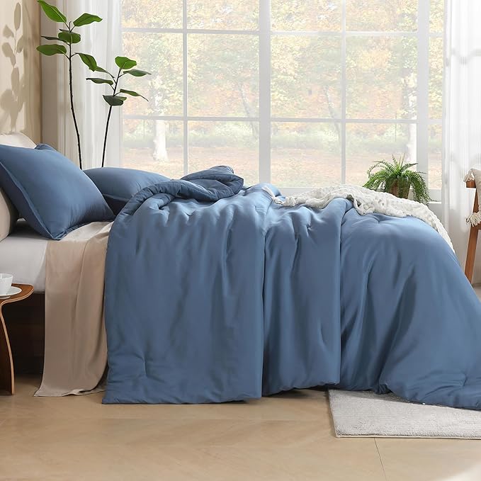 Litanika Haze Blue Oversized King Comforters Super King Size, 3 Pieces Lightweight Solid Bedding Comforter Set, All Season Fluffy Bed Set (120x120In Comforter & 2 Pillowcases)