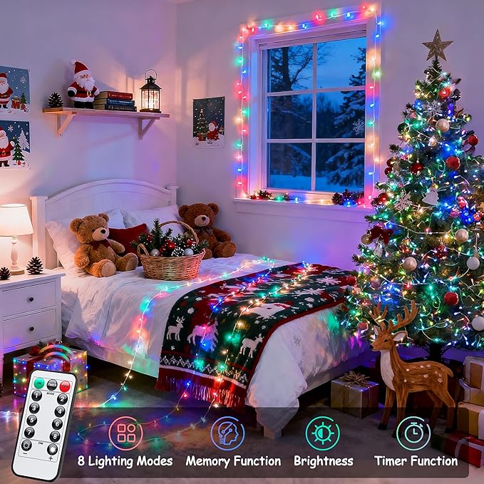 JMEXSUSS Multicolor Christmas Lights Battery Operated with 8 Modes Remote Waterproof, 33ft 100 LED Battery Christmas Lights Indoor Outdoor for Tree Home Party Room Garden Decor