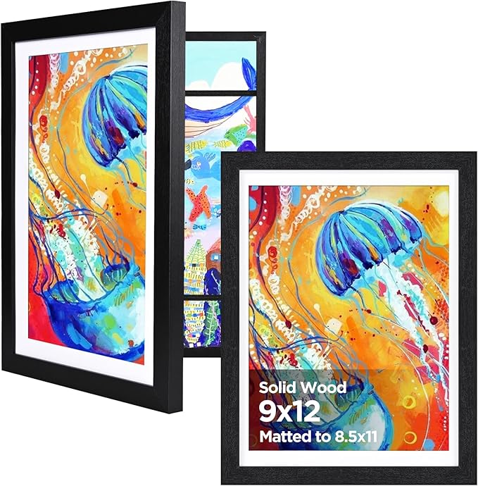 KINLINK 9x12 Kids Art Frames Set of 2, Solid Wood Kids Artwork Frames Changeable with Acrylic Front Opening Holds 150 Pictures, Art Frame for Kids Artwork with Mat or without Mat, Black