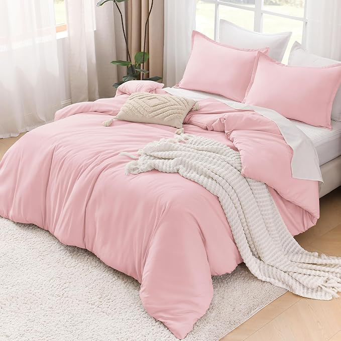 Litanika Comforters Pink Oversized Queen Size, 3 Pieces Lightweight Solid Bedding Set & Collections, All Season Fluffy Bed Set (98x98In Comforter & 2 Pillowcases)
