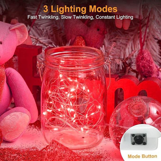 btfarm 30 Pack Fairy Lights Battery Operated [3 Modes], 7ft 20 Led Twinkle Lights String Lights Waterproof Bulk Small Mini Silver Wire for Christmas Mason Jars Wedding Table Centerpiece, Red
