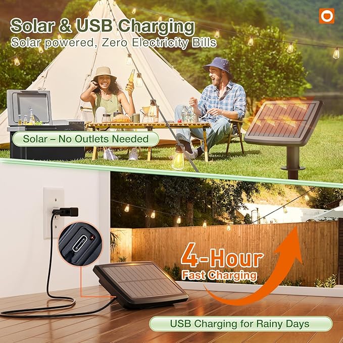 addlon 33(27+6) FT Solar String Lights Waterproof,Patio Light Solar Powered with Remote& USB Port 9+1 LED Shatterproof Bulbs 3 Lighting Modes Outdoor for Camping Backyard Garden