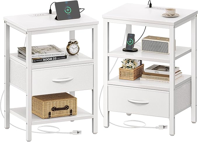 SUPERJARE Nightstand Set of 2, Bed Side Tables with Charging Station, Adjustable Fabric Drawer, Night Stand for Bedroom, 3-Tier Storage End Tables, White, 8694WC