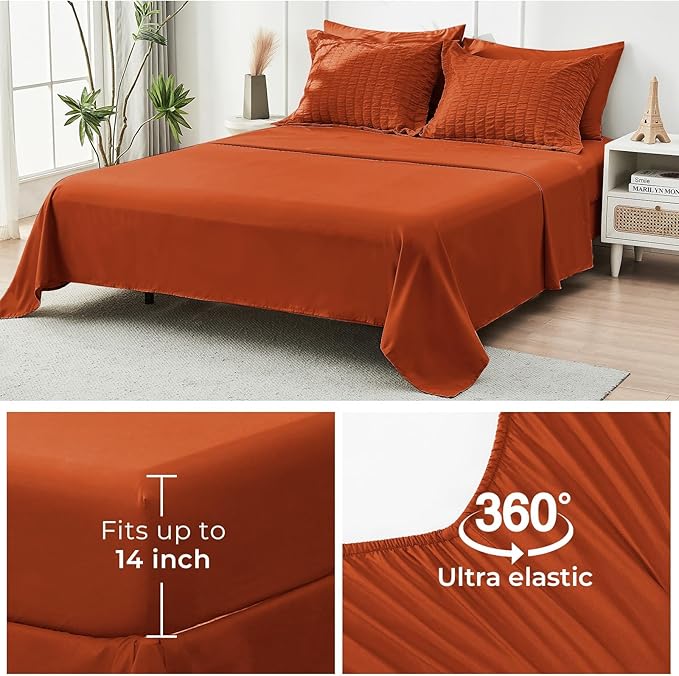 HYMOKEGE Burnt Orange California King Comforter Set Seersucker 7 Pieces, All Season Luxury Bed in a Bag for Bedroom, Bedding Set with Comforters, Sheets, Pillowcases & Shams