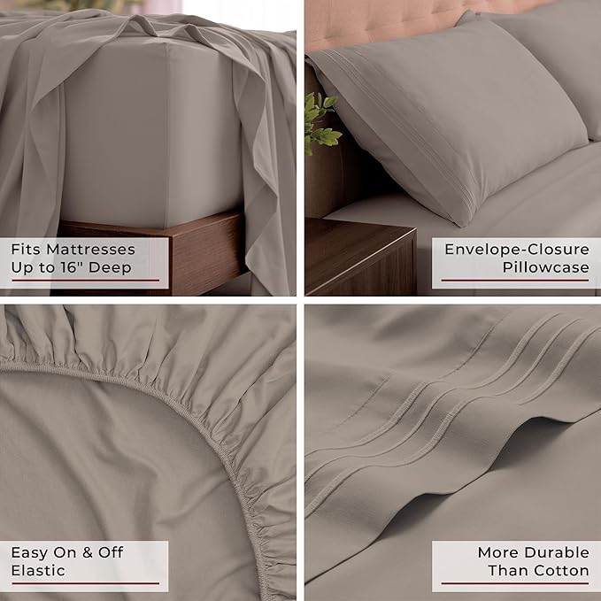 Mellanni California King Sheets Set - 4 PC Iconic Collection Bedding - Hotel Luxury, Extra Soft, Cooling Bed Sheets - Wrinkle, Fade, Stain Resistant (Cal King, Tan)