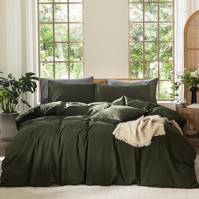 MooMee Bedding Duvet Cover Set 100% Washed Cotton Linen Like Textured Breathable Durable Soft Comfy (Solid Olive Green, Alaska King 132"x120")