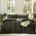 MooMee Bedding Duvet Cover Set 100% Washed Cotton Linen Like Textured Breathable Durable Soft Comfy (Solid Olive Green, Super King Plus 120"x120")