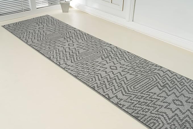 Custom Size Southwestern Style Runner Rug Mat for Wide Hallway Entryway Kitchen Laundry Room with Slip Resistant Latex Rubber Backing, Inca Grey, 31 inch X 6 feet