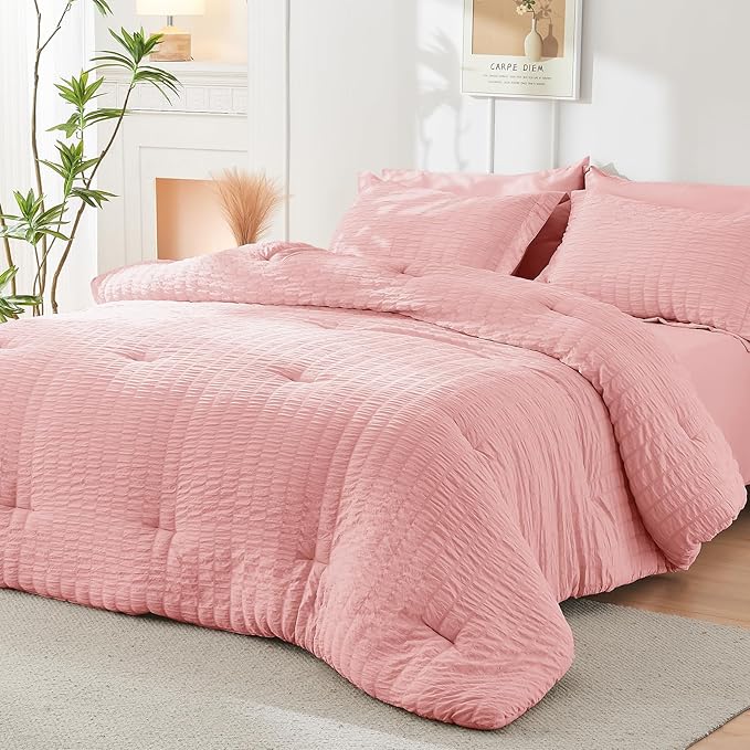 HYMOKEGE Rose Pink Twin Comforter Set Seersucker 5 Pieces, All Season Luxury Bed in a Bag for Bedroom, Bedding Set with Comforter, Sheets, Pillowcase & Sham