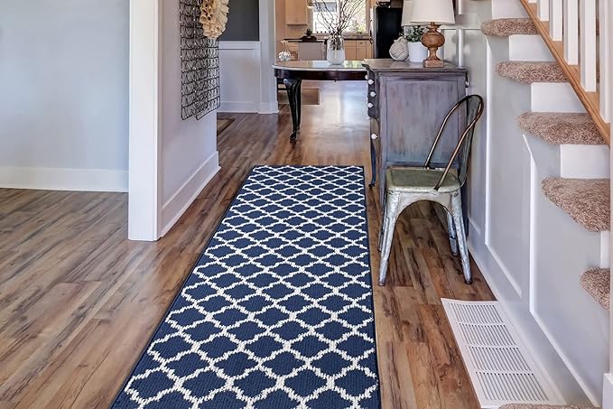Custom Size Cut to Length Moroccan Trellis Design Runner Rug Mat For Wide Long Hallways with Non-Slip Rubber Backing, Better Traction for Pets, Prevent Slippage, Trellis Navy Blue, 31 inch X 10 feet