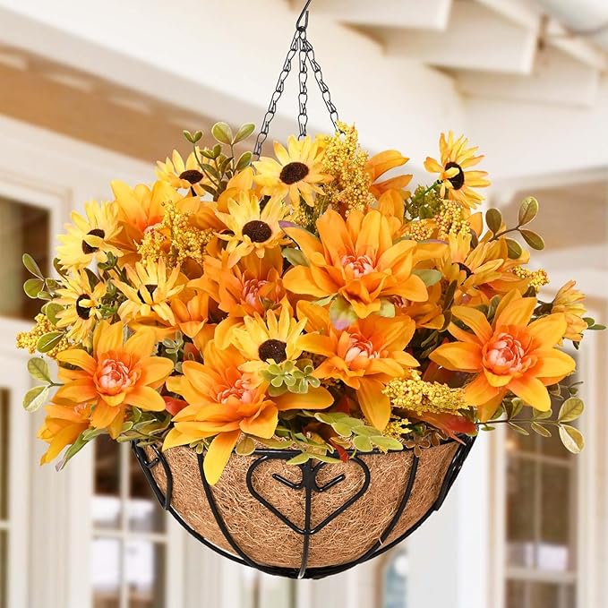 Waipfaru Artificial Fake Fall Hanging Mums Plants Flowers Basket for Outdoor, Faux Mums Floral Hanging Plant in Hang Planter Look Real UV Resistant for Porch Patio Balcony Yard Outdoor Decor (2Pcs)