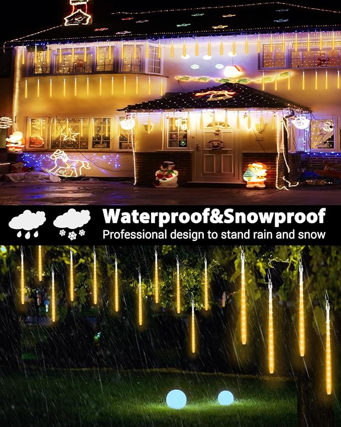 Joomer 2Pack Christmas Lights Outdoor, 11.8 inch 10 Tubes 240 LED Meteor Shower Lights, LED Falling Icicle Cascading Light with Timer Waterproof and Connectable for Christmas Decoration (Warm White)
