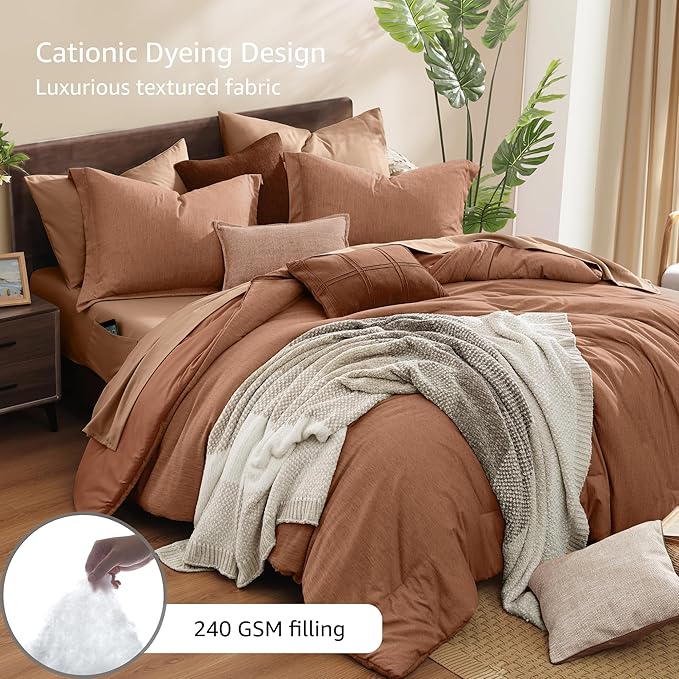 Monbix California King Comforter Set - 7 Pieces Cationic Dyeing Autumn Leaf Bed in a Bag Cal King Bed Sets with Comforter, Sheets, Pillowcases & Shams, Reversible Bedding Comforters Sets (108 * 92)