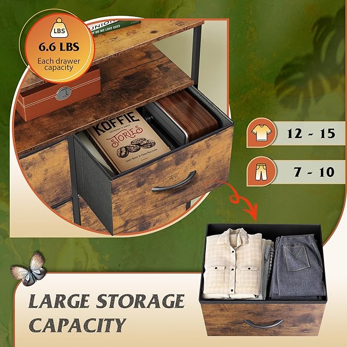 WLIVE Fabric Dresser for Bedroom with Open Shelves, Tall Dresser with 8 Drawers, Storage Tower with Fabric Bins, Chest of Drawers for Closet, Hallway, Rustic Brown Wood Grain Print