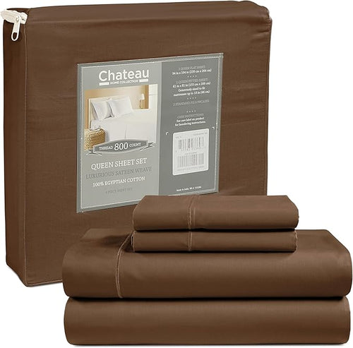 100% Cotton Sheets Split King Size Sheets Set with Fitted Sheet & Pillowcase Sets, 800 TC Sateen Weave 4 PC Deep Pocket Split King Sheet Set, Soft & Comfy Naturally Cool Luxury Bedding – Chocolate