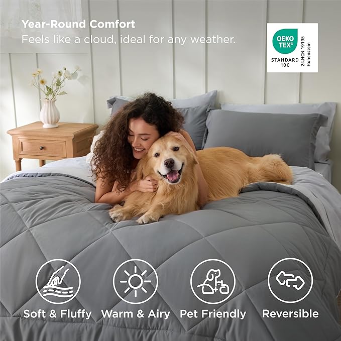 Bedsure Twin XL Comforter Set - 5 Pieces Reversible Grey Bedding, Twin XL Size Bed Set for All Seasons, Bed in a Bag with Down Alternative Comforter, Sheets, Pillowcase & Sham