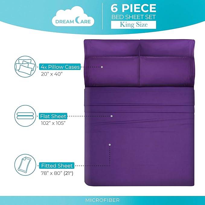 DREAMCARE King Size Sheets Set – 6 pcs Cooling Bed Sheets – up to 21” Deep Pocket King Sheet Set – 2500 Supreme Collection – Extra Soft 100% Brushed Microfiber Hotel Luxury with Side Pocket – Purple