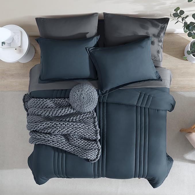 Monbix Oversized Queen Comforter Set - 7 Pieces Blue Grey Bed in a Bag Queen Bedding Sets with Comforters, All Seasons Down Alternative Comforter Bed Set with Sheets,Pillowcases & Shams