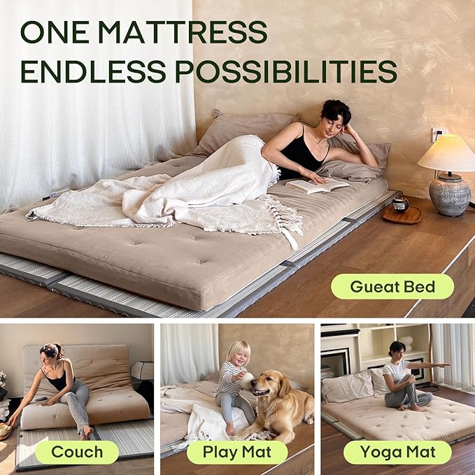 ZonLi Japanese Floor Futon Mattress Queen Size 80"x 60", 100% Cotton Cover 2.5'' Thicken Tatami Mattress, Foldable Sleeping Pad, Portable Dormitory Tatami Mat(Khaki)
