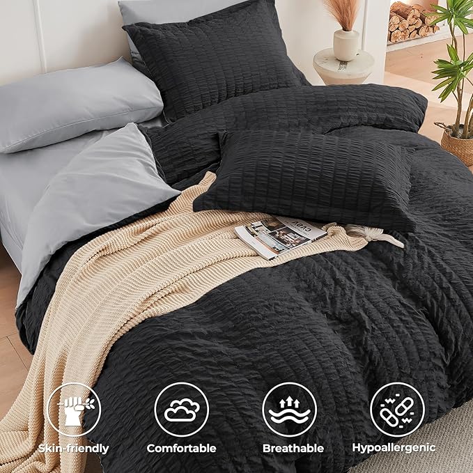 HYMOKEGE Black/Light Grey Twin XL Comforter Set Seersucker 5 Pieces, All Season Luxury Bed in a Bag for Bedroom, Bedding Set with Comforter, Sheets, Pillowcase & Sham