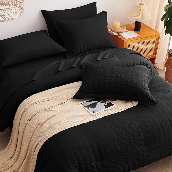 CozyLux Oversized Queen Comforter Set Black Seersucker 7 Pieces 98x98 Bed in a Bag Comforter Set with Sheets, Luxury Soft Bedding Sets with Down Alternative Comforter, Sheets, Pillowcases & Shams