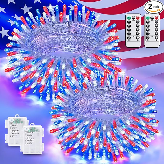 JMEXSUSS 2 Pack Red White and Blue Lights Outdoor, 33ft 100 LED 4th of July Lights Battery Operated, 8 Modes Patriotic Decorations for Indoor Outside Independence Day American Flag Holiday