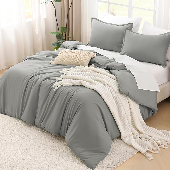 Litanika Comforters Medium Gray Oversized Queen Size, 3 Pieces Lightweight Solid Bedding Set & Collections, All Season Fluffy Bed Set (98x98In Comforter & 2 Pillowcases)