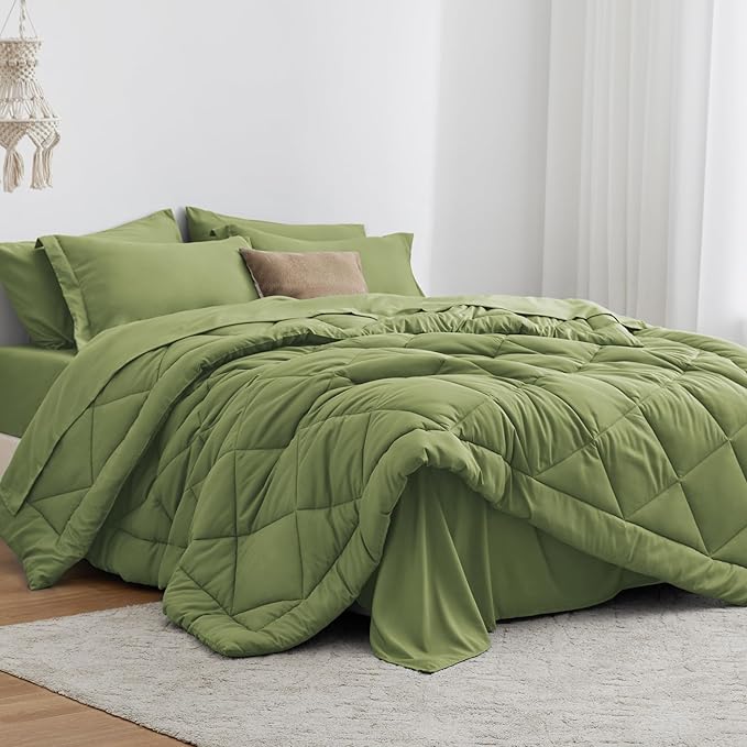 Love's cabin Full Comforter Set Olive Green, 7 Pieces Full Bed in a Bag, All Season Bedding Sets with 1 Comforter, 1 Flat Sheet, 1 Fitted Sheet, 2 Pillowcase and 2 Pillow Sham