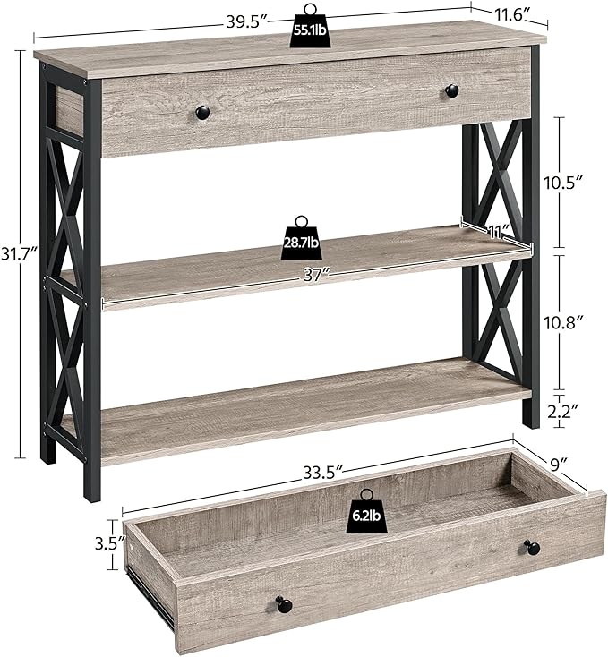Yaheetech Console Table with Drawer, Entryway Table with 3 Tier Storage Shelves, Narrow Long Sofa Table for Entryway, Living Room, Hallway, Couch, Kitchen, Metal Frame, Gray