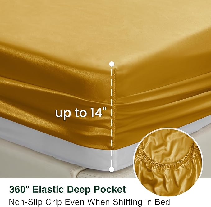 Love's cabin Twin Satin Sheets Sets - 3 Piece Gold Silky Bed Sheets with Deep Pockets, Luxury Silk Feel Satin Twin Size Sheet Set Bedding Set (1 Flat Sheet,1 Fitted Sheet,1 Pillow case)