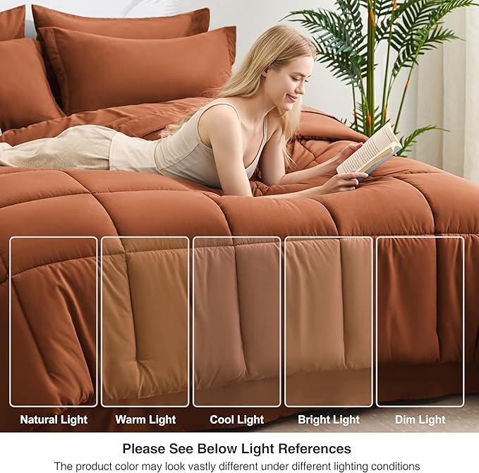 Love's cabin Twin XL Comforter Set Burnt Orange, 5 Pieces Twin XL Bed in a Bag, All Season Bedding Sets with 1 Comforter, 1 Flat Sheet, 1 Fitted Sheet, 1 Pillowcase and 1 Pillow Sham