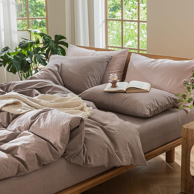 MooMee Bedding Duvet Cover Set 100% Washed Cotton Linen Like Textured Breathable Durable Soft Comfy (Heathered Mauve Brown, King 104"x90")