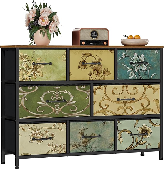 Furnulem 8 Drawer Dresser, Wide Fabric Chest of Drawers, Vintage Furniture for Bedroom, Living Room, Hallway, Closet Clothes Storage, Wooden Top