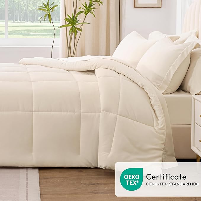 Love's cabin King Size Comforter Set Beige, 7 Pieces King Bed in a Bag, All Season Bedding Sets with 1 Comforter, 1 Flat Sheet, 1 Fitted Sheet, 2 Pillowcase and 2 Pillow Sham