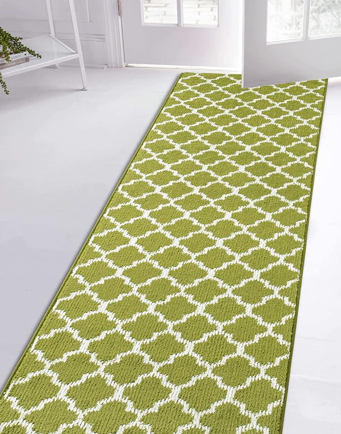 Custom Size Moroccan Trellis Runner Rug Mat for Wide Hallway Entryway Kitchen Laundry Room with Slip Resistant Latex Rubber Backing, Trellis Green, 31 inch X 12 feet