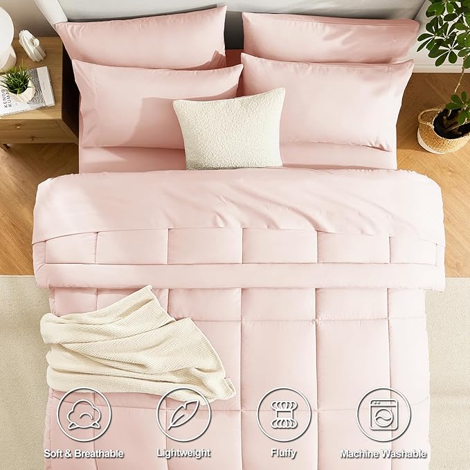 CozyLux Twin Comforter Set with Sheets Blush Pink, 5 Pieces Bed in a Bag, Pink Comforter Twin Size, All Season Bedding Set with Stitch Quilted Comforter, Flat Sheet, Fitted Sheet, Pillowcases