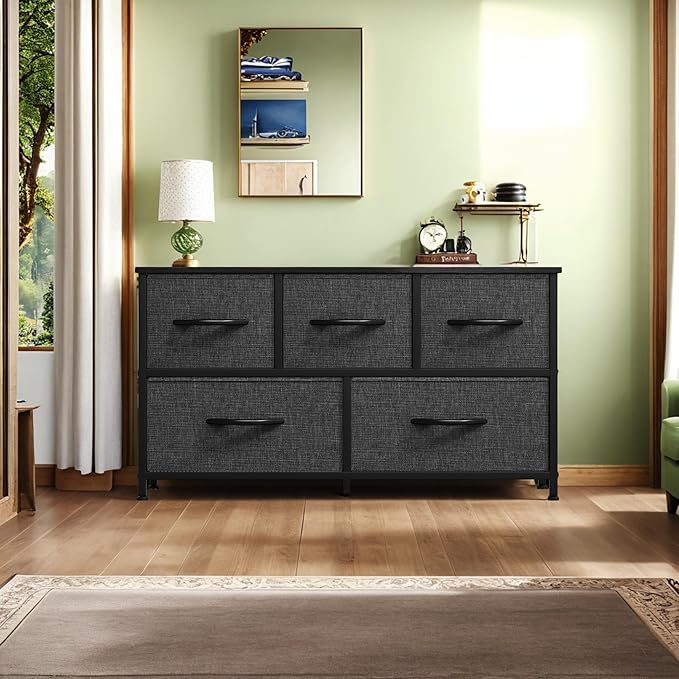 YITAHOME Dresser with 5 Drawers - Fabric Storage Tower, Black Dresser & Chest of Drawers, Organizer Unit for Bedroom