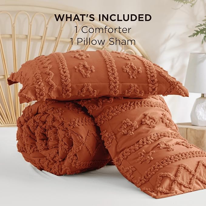 Bedsure Tufted Boho Comforter Set Twin Size - Terracotta Boho Bed Set, GentleSoft™ 2 Pieces Farmhouse Shabby Chic Embroidery Bedding, Gifts for Woman, Soft Jacquard Twin Comforter for All Seasons