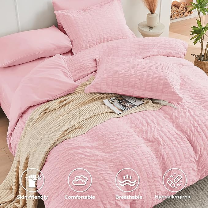 HYMOKEGE Pink California King Comforter Set Seersucker 7 Pieces, All Season Luxury Bed in a Bag for Bedroom, Bedding Set with Comforters, Sheets, Pillowcases & Shams