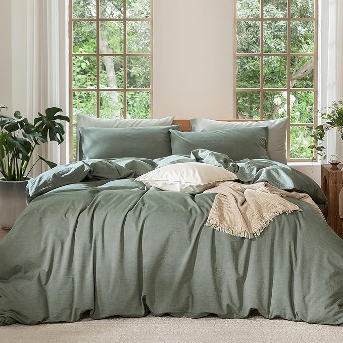 MooMee Bedding Duvet Cover Set 100% Washed Cotton Linen Like Textured Breathable Durable Soft Comfy (Heathered Green, Super Queen 90"x98")