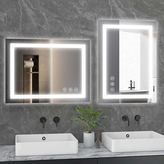 DUMOS 32"x 25" LED Bathroom Mirror with Lights, Anti-Fog Front Lit Backlit Lighted Wall Mounted Mirrors with Memory Function for Vanity, Makeup